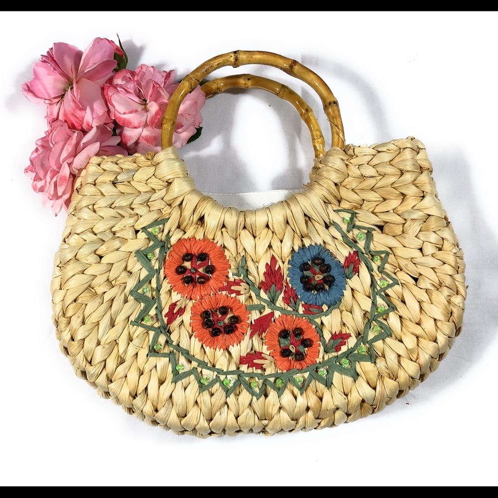 Straw/wicker bag w/bamboo handle w/removable pouch - Picture 4 of 8